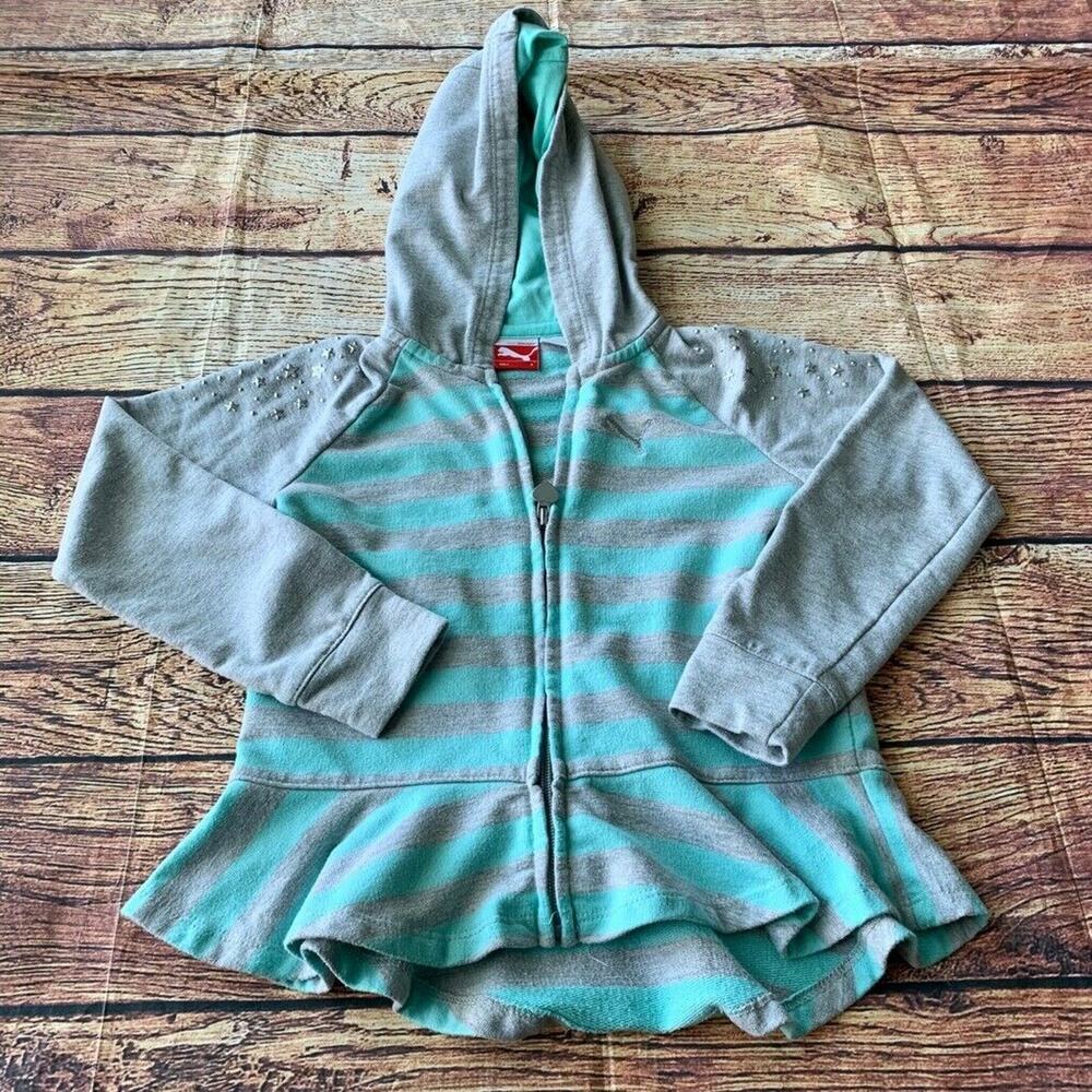 Puma Sport Lifestyle Girls Hoodie Gray Aqua Stripe Embellish Stars Ruffle Hem 5